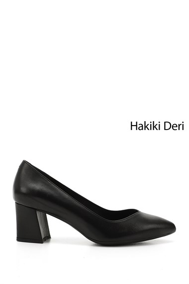 Womens Black Pointed Toe Medium Thick Heel Genuine Leather Shoes