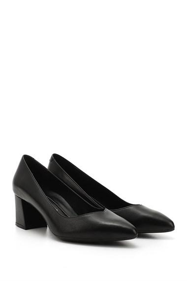 Womens Black Pointed Toe Medium Thick Heel Genuine Leather Shoes