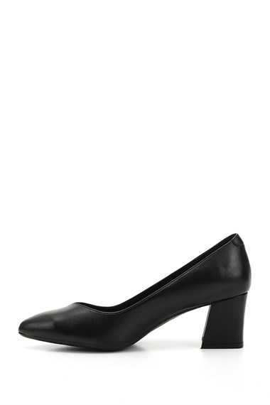 Kadın Siyah Sivri Burun Orta Kalın Topuklu Hakiki Deri Ayakkabı