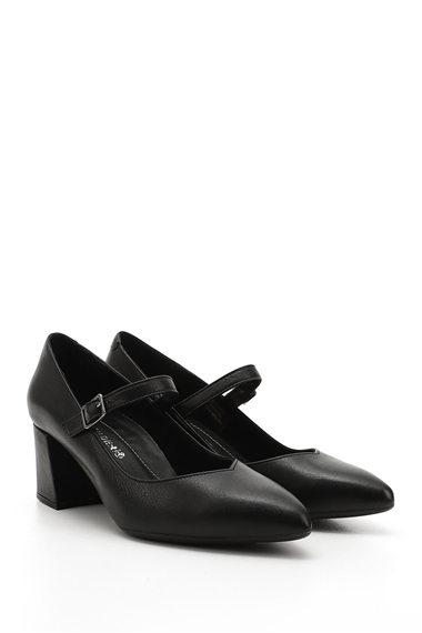 Womens Black Pointed Toe Medium Thick Heel Genuine Leather Shoes