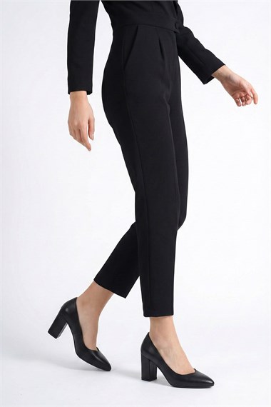 Womens Black Pointed Toe High Thick Heel Genuine Leather Shoes