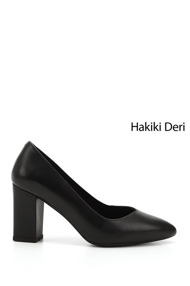 Womens Black Pointed Toe High Thick Heel Genuine Leather Shoes