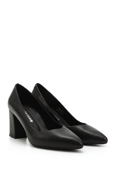 Womens Black Pointed Toe High Thick Heel Genuine Leather Shoes