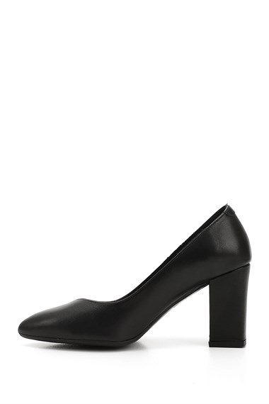 Womens Black Pointed Toe High Thick Heel Genuine Leather Shoes