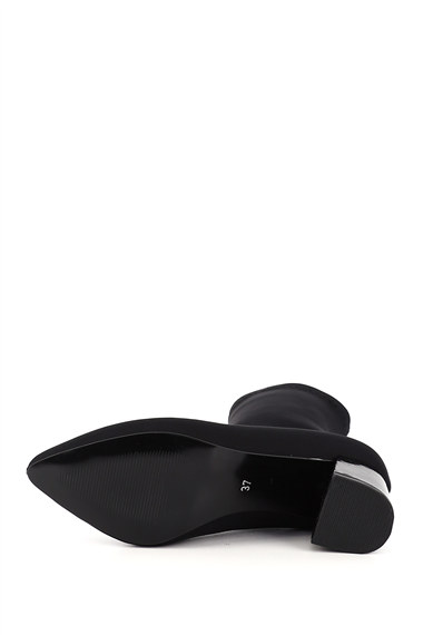 Womens BLACK STRETCH Pointed Toe Chunky Heel Stretch Boots