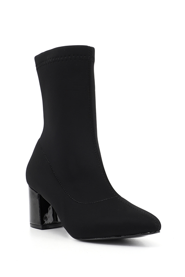 Womens BLACK STRETCH Pointed Toe Chunky Heel Stretch Boots