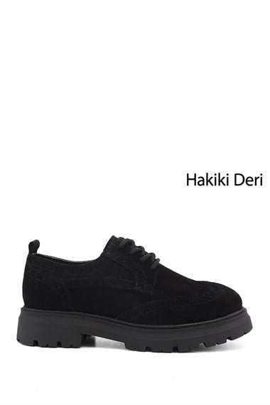 Kadın Siyah Süet Bağcıklı Hakiki Deri Ayakkabı