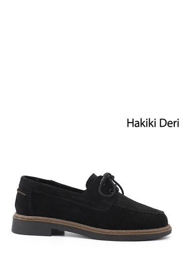 Kadın Siyah Süet Bağcıklı Hakiki Deri Ayakkabı