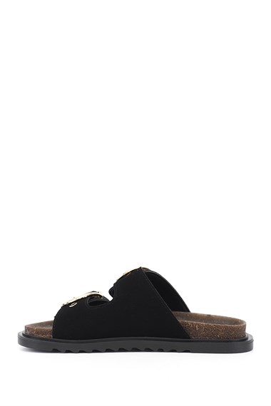 Kadın Siyah Süet Çift Tokalı Terlik