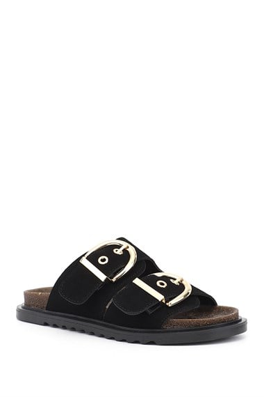 Kadın Siyah Süet Çift Tokalı Terlik