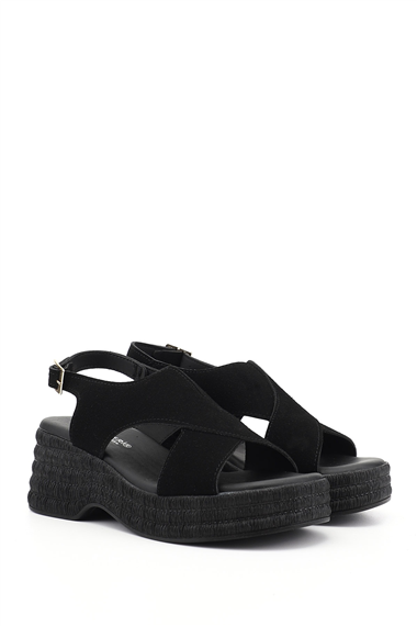 Womens Black Suede Wedge Heeled Sandal
