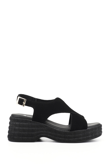 Womens Black Suede Wedge Heeled Sandal