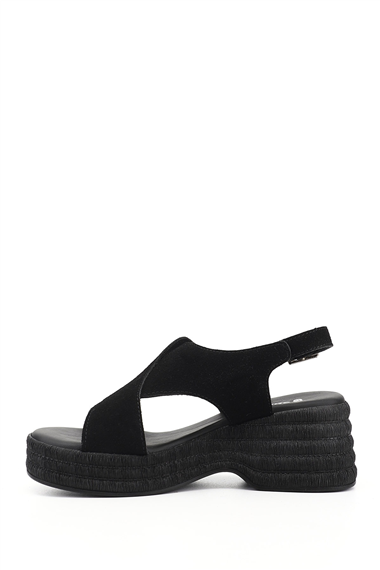 Womens Black Suede Wedge Heeled Sandal