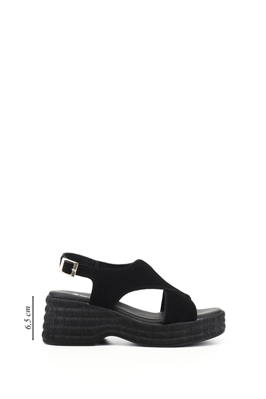Womens Black Suede Wedge Heeled Sandal