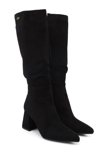Womens Black Suede Zip-Up Chunky Heel Boots