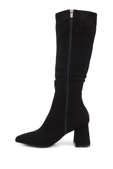 Womens Black Suede Zip-Up Chunky Heel Boots