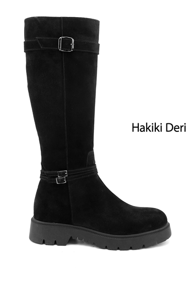 Kadın Siyah Süet Fermuarlı Kauçuk Taban Hakiki Deri Çizme
