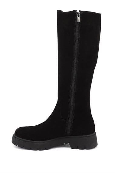 Womens Black Suede Zippered Rubber Sole Genuine Leather Boots