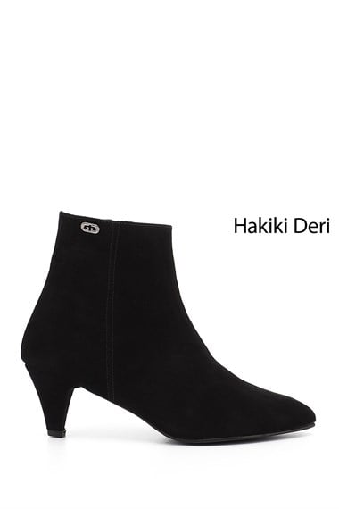 Kadın Siyah Süet Fermuarlı Sivri Burun Hakiki Deri Bot