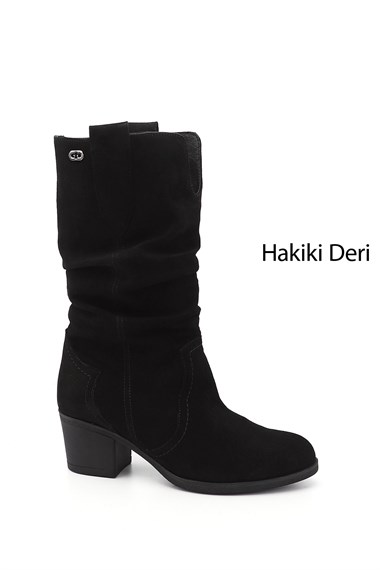 Womens Black Suede Thick Heeled Gusseted Genuine Leather Boots