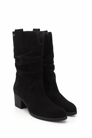 Womens Black Suede Thick Heeled Gusseted Genuine Leather Boots