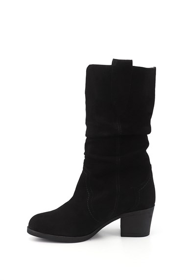 Womens Black Suede Thick Heeled Gusseted Genuine Leather Boots