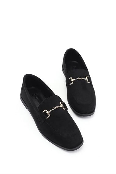 Womens Black Suede Flat Toe Buckled Ballerina Shoes