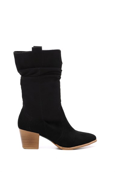 Womens Black Suede Pointed Toe Chunky Heel Cowboy Boots