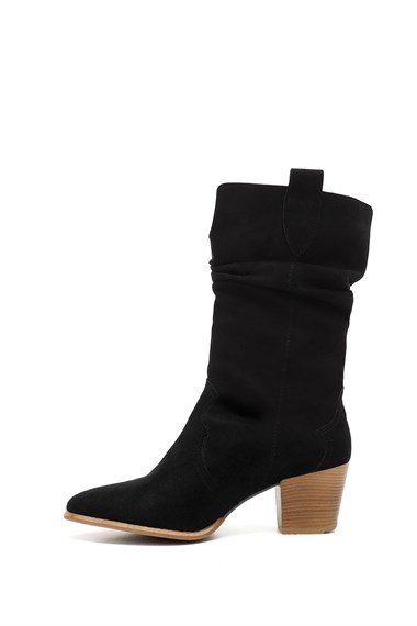 Womens Black Suede Pointed Toe Chunky Heel Cowboy Boots
