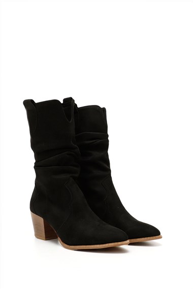 Womens Black Suede Pointed Toe Chunky Heel Cowboy Boots