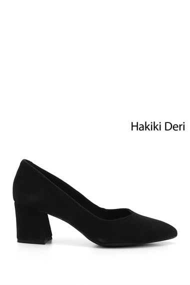 Kadın Siyah Süet Sivri Burun Orta Kalın Topuklu Hakiki Deri Ayakkabı
