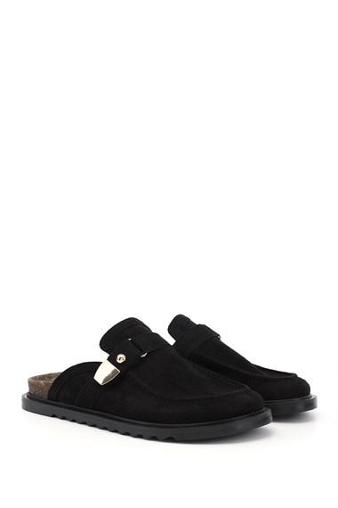 Womens Black Suede Buckled Slippers