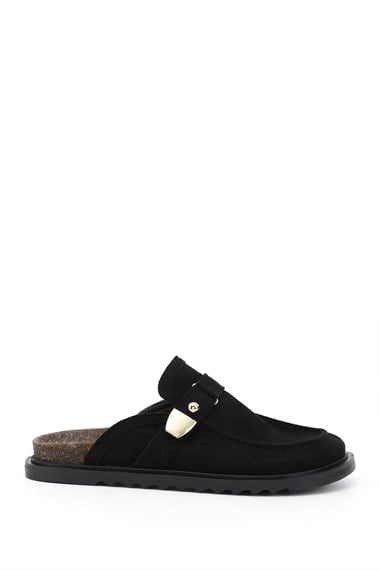 Womens Black Suede Buckled Slippers