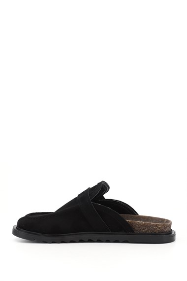 Womens Black Suede Buckled Slippers