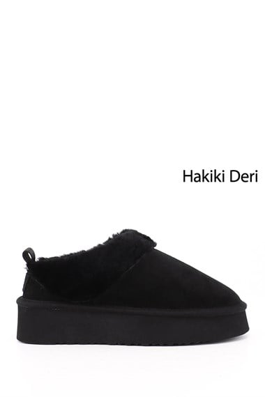 Kadın Siyah Süet W Tazz Kalın Tabanlı Hakiki Deri Kürklü Terlik