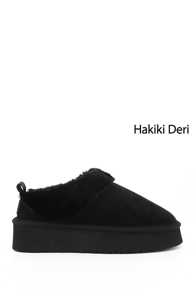 Kadın Siyah Süet W Tazz Kalın Tabanlı Hakiki Deri Kürklü Terlik