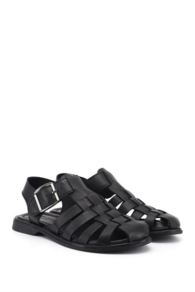 Women’s Black Buckled Strap Closed Toe Genuine Leather Sandal
