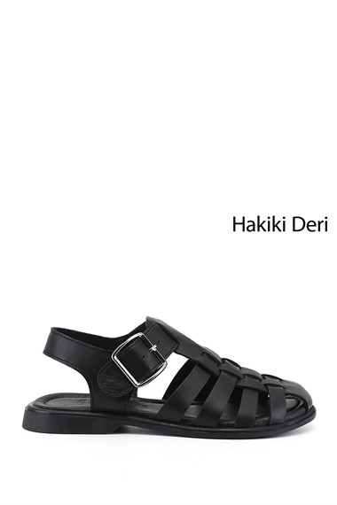 Kadın Siyah Tokalı Bantlı Burnu Kapalı Hakiki Deri Sandalet