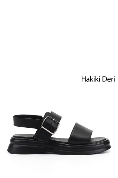 Kadın Siyah Tokalı Bantlı Hakiki Deri Sandalet