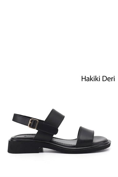 Kadın Siyah Tokalı Bantlı Hakiki Deri Sandalet