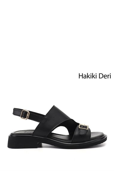 Kadın Siyah Tokalı Bantlı Hakiki Deri Sandalet