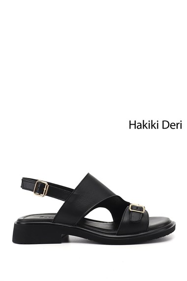 Kadın Siyah Tokalı Bantlı Hakiki Deri Sandalet