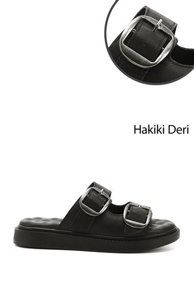 Kadın Siyah Tokalı Dolgu Taban Hakiki Deri Comfort Terlik