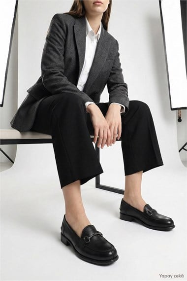 Womens Black Buckled Genuine Leather Loafer Shoes