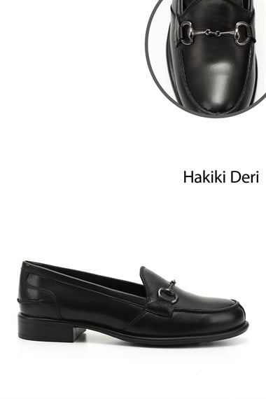 Kadın Siyah Tokalı Hakiki Deri Loafer Ayakkabı