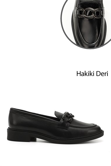 Womens Black Buckled Genuine Leather Loafer Shoes