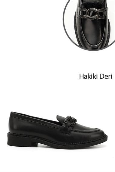 Kadın Siyah Tokalı Hakiki Deri Loafer Ayakkabı