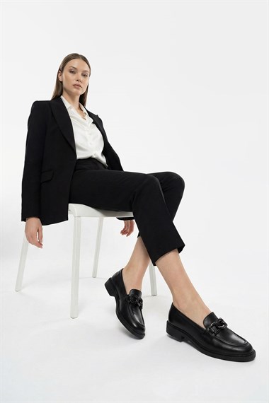 Womens Black Buckled Genuine Leather Loafer Shoes