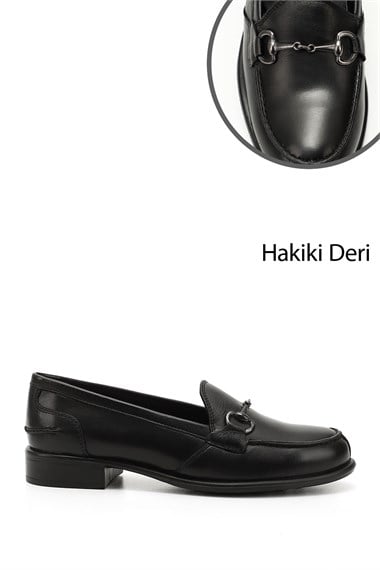 Women’s Black Buckled Genuine Leather Loafer Shoes