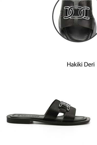 Kadın Siyah Tokalı Hakiki Deri Terlik